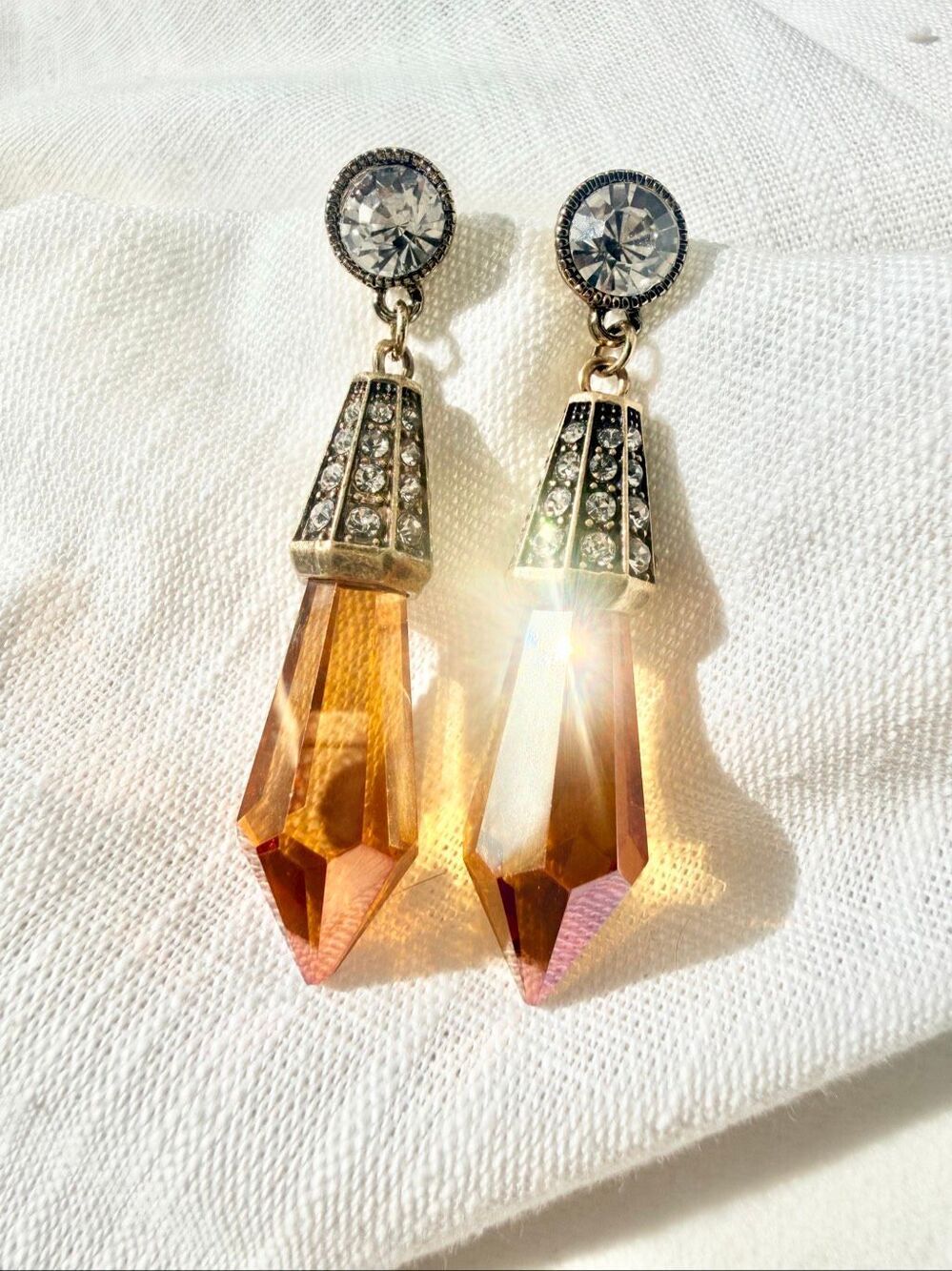 Amber Crystal Art Deco Drop Earrings Rhinestone Geometric Statement
